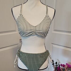 Green and White Striped Reversible Bikini Set